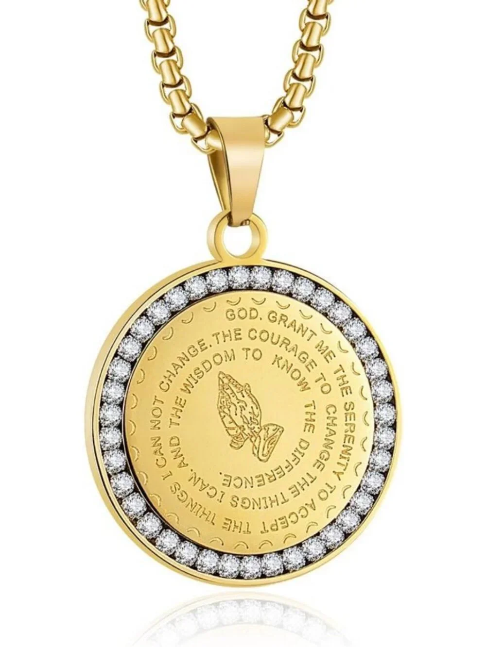 Stainless Steel Serenity Prayer Necklace with Praying Hands Coin Pendant for All